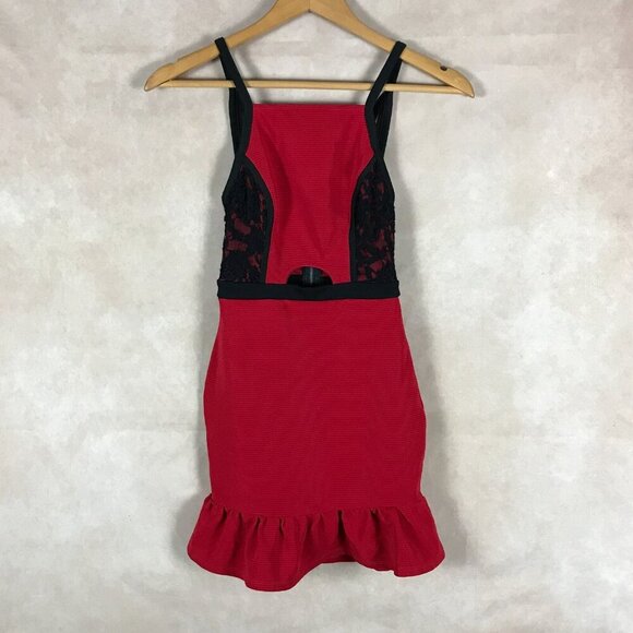 Material Girl Red Mini Skater Dress with Black Lace NWT SMALL - Picture 1 of 6